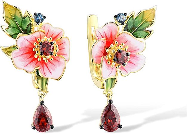 Amazon.com: Santuzza Peony Pink Flower Earrings 925 Sterling Silver Garnet Enamel Leaf Floral Dangle Earrings for Women: Clothing, Shoes & Jewelry
