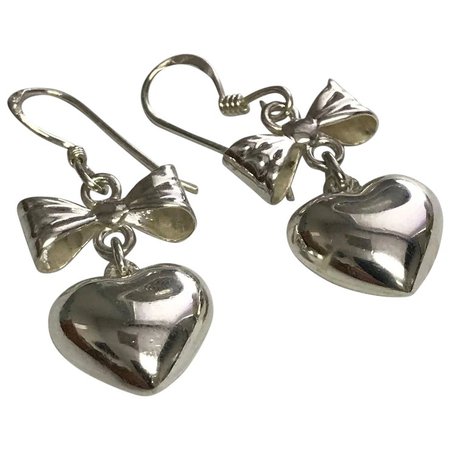 Sterling Silver Pierced Wire Heart & Bow Dangle Earrings : Laura-Five-Star-Jewelry | Ruby Lane
