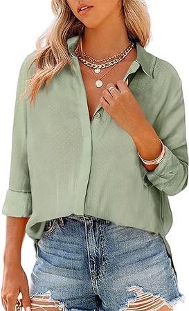 Astylish Womens 2024 Casual Long Sleeve Silk Shirts V Neck Elegant Button Down Polka Dots Blouse at Amazon Women’s Clothing store