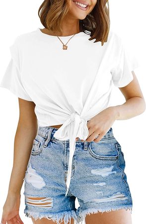 TECREW Womens Casual Short Sleeve Tie Front Tops Crew Neck Summer Solid Crop Top T-Shirt, White, Small at Amazon Women’s Clothing store