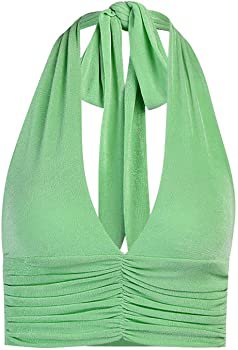 Women Deep V-Neck Camisole Tank Tops Cami Sleeveless Crop Top Y2k E-Girl Backless Halter Bustier Vests Green at Amazon Women’s Clothing store