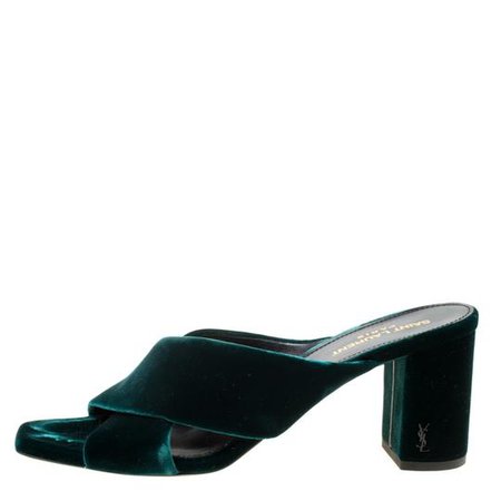 Saint Laurent Green Monogram Loulou Paris Emerald Velvet Criss Cross Mules Sandals