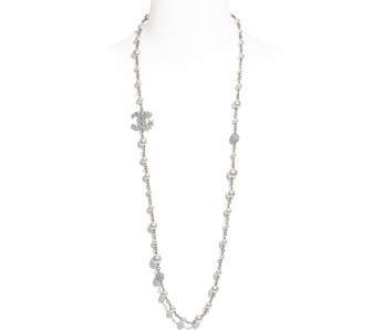Long Necklace, metal, glass pearls & strass, silver, pearly white, black & crystal - CHANEL