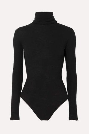 Distressed Ribbed Wool And Cashmere-blend Turtleneck Bodysuit - Black