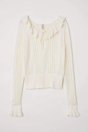 Flounced Knit Sweater - White