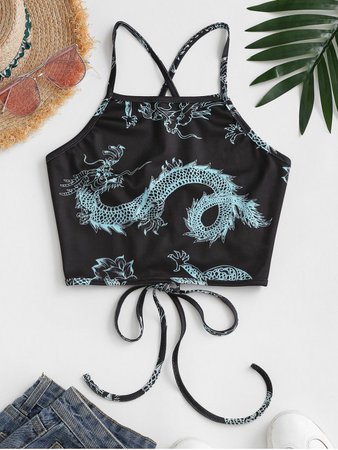 [37% OFF] [HOT] 2020 ZAFUL Dragon Print Oriental Lace Up Crop Camisole In BLACK | ZAFUL