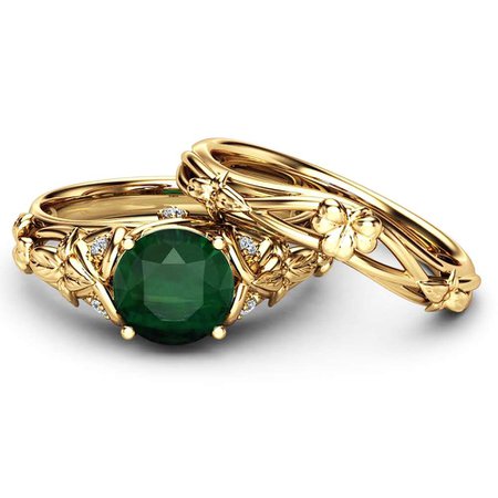Natural Emerald Shamrock Celtic Knot Engagement Ring Set 14K Yellow Gold Emerald Ring Irish Engagement Ring with Matching Band - Camellia Jewelry