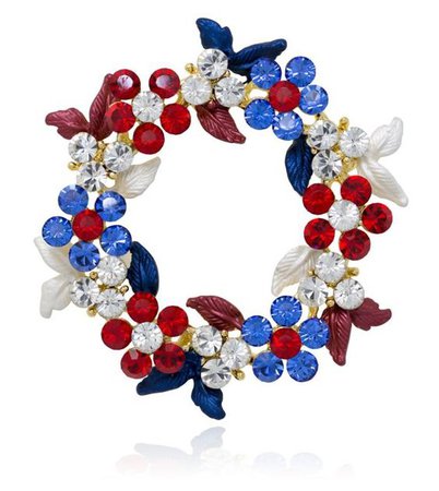Gold-tone Swarovski Element Crystals Wreath Pin Brooch Patriotic - Red White Blue