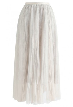Glittering Mesh Pleated Midi Skirt in Cream - NEW ARRIVALS - Retro, Indie and Unique Fashion