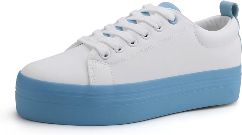 Amazon.com | JABASIC Women Lace Up Platform Sneakers Comfortable Casual Fashion Sneaker Walking Shoes (8,White/Blue) | Walking