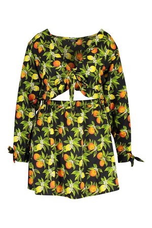 Plus Lemon Fruit Print Tie Top And Flippy Skirt Co-ord | Boohoo