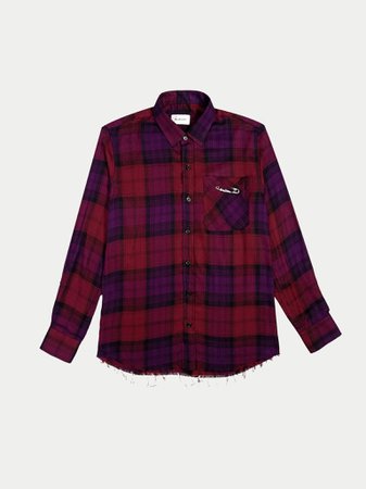 red and purple flannel button down