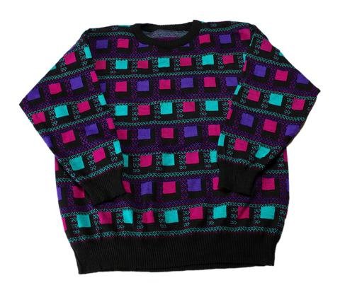 Vintage 90s Geometric Square Print Acrylic Sweater Pink/Purple/Teal Mens Size Large