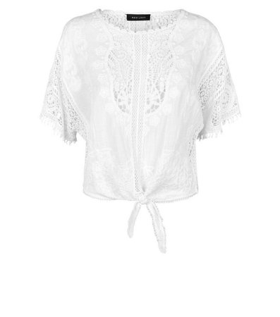 Cream Crochet Tie Front T-Shirt | New Look