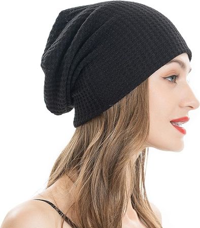 ZLYC Women Fashion Knit Slouchy Beanie Hat Thin Stretch Skull Caps (Solid Black) at Amazon Women’s Clothing store