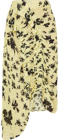 Yuna Ruffled Shirred Floral-print Georgette Midi Skirt - Pastel yellow