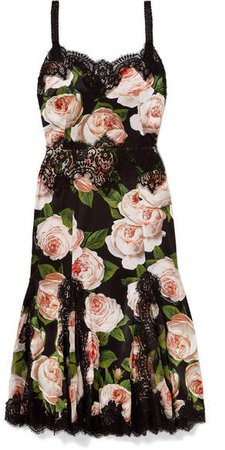 Lace-trimmed Floral-print Silk-blend Satin Dress - Black