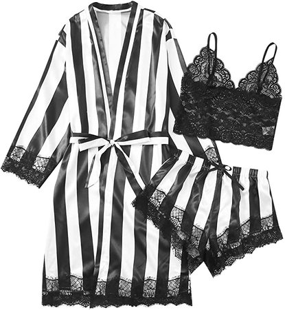 *clipped by @luci-her* DIDK Women's Lace 3 Piece Satin Robe and Pajama Set with Robe Camisole Sleep Shorts at Amazon Women’s Clothing store