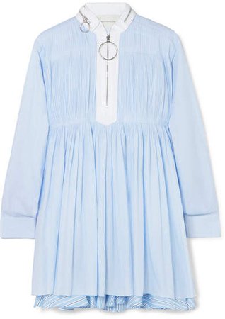 Pintucked Striped Cotton-blend Poplin Mini Dress - Light blue