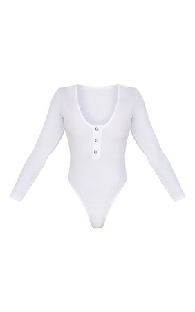White Popper Front Rib Longsleeve Thong Bodysuit | PrettyLittleThing