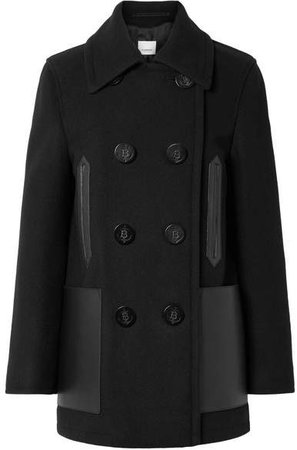 Double-breasted Leather-trimmed Wool-blend Coat - Black