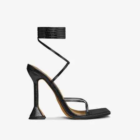 Crossing Lace Up Strappy Square Toe Sculptured Heel In Black Croc Print Faux Leather | EGO