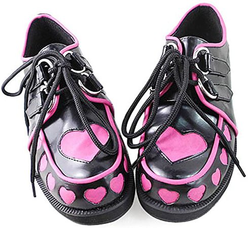 Amazon.com: antaina salto baixo Preto PU estampa de coração bonito Lolita sapatos plataforma casual: Clothing