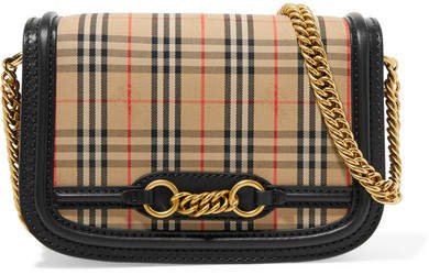Leather-trimmed Checked Cotton-canvas Shoulder Bag - Neutral
