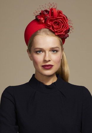 Juliette Botterill red headband fascinator hat
