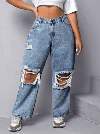 shein SHEIN EZwear Plus Size Women'S Distressed Wide Leg Jeans, SHEIN USA
