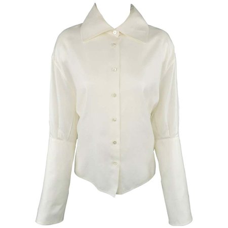 LAGERFELD Size 10 Off White Cotton Wide Collar Extended Cuff Puff Blouse For Sale at 1stdibs