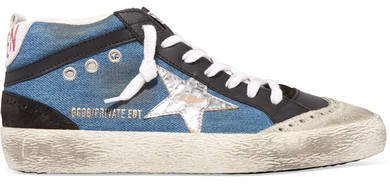 Superstar Distressed Denim, Leather And Suede Sneakers - White