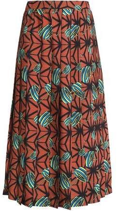 Pleated Printed Crepe Midi Skirt