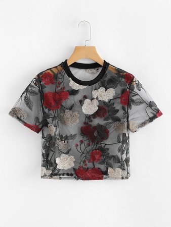 Sheer Mesh Floral Embroidered Crop Top | SHEIN