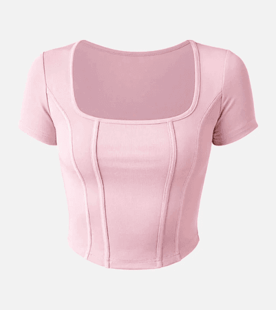 OGL~ Square Neck Corset Seamed Short Sleeve Top Pink
