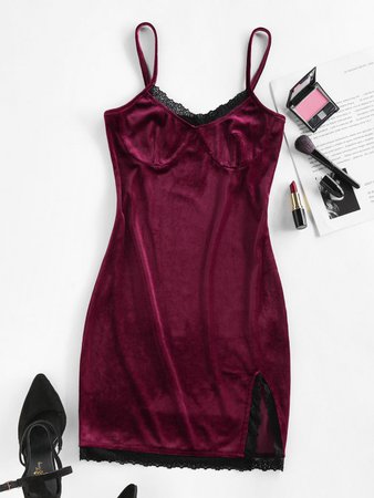 [32% OFF] 2020 ZAFUL Lace Insert Velvet Slit Bodycon Dress In RED WINE | ZAFUL