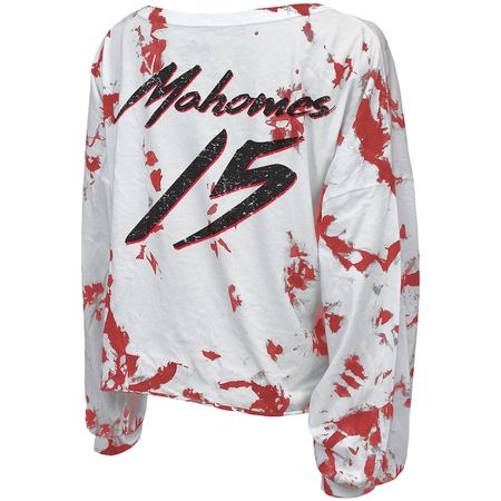 Women's Kansas City Chiefs Patrick Mahomes Majestic Threads White/Red Off-Shoulder Tie-Dye Name & Number Long Sleeve V-Neck T-Shirt