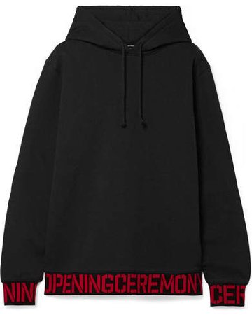 Oversized Intarsia-trimmed Cotton-jersey Hooded Top - Black