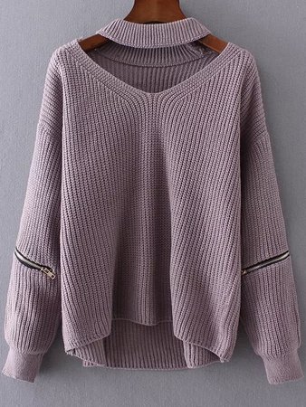 Purple Choker V Neck Zipper Detail Sweater