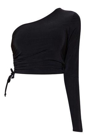 Black Slinky One Shoulder Ruched Crop Top | PrettyLittleThing