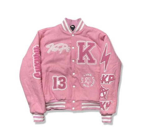 pink varsity jacket