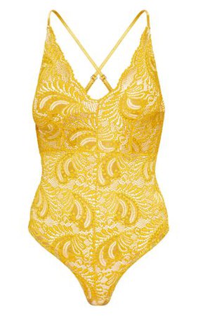 Mustard Sheer Lace Cross Back Bodysuit | Tops | PrettyLittleThing