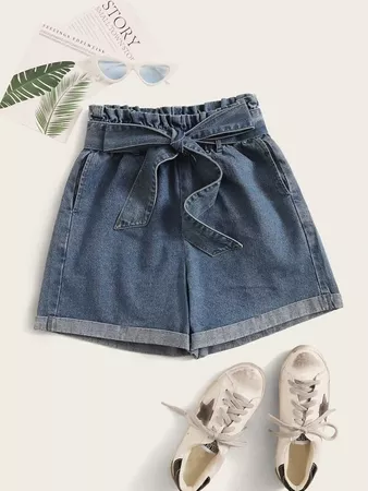 Paperbag Waist Belted Denim Shorts | SHEIN USA blue