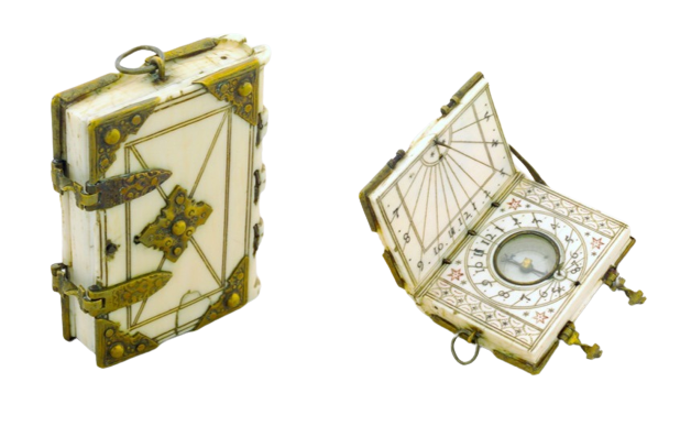 1500s Diptych compass and sundial, in shape of a book made in Germany, ca. 1595