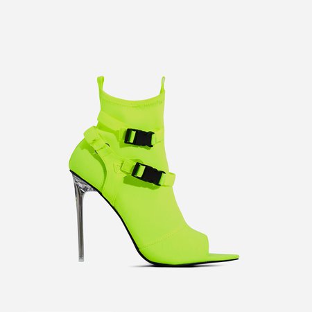 Lit Perspex Buckle Detail Pointed Peep Toe Ankle Sock Boot In Green Lycra | EGO