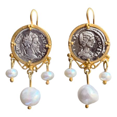 Roman Coin S.Severus and Julia Domna 24 kt Gold Gilded Sterling Silver Earrings For Sale at 1stDibs