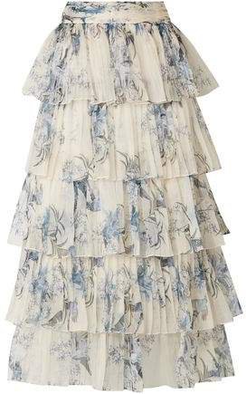 Journey Of The Soul Tiered Pleated Floral-print Silk-organza Skirt