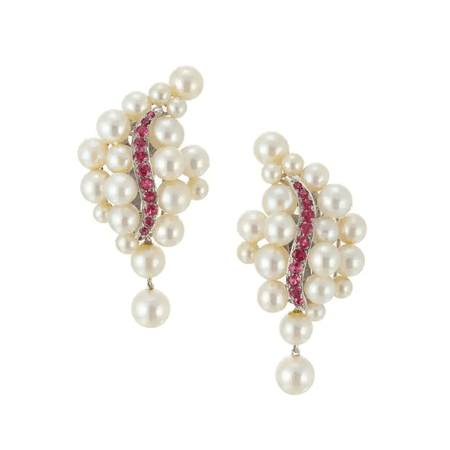 .80 Carat Ruby Pearl White Gold Swirl Clip Post Earrings