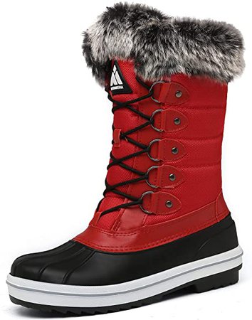 Amazon.com | Women's Mid Calf Winter Snow Boots Waterproof Outdoor Cold Weather Boot Warm Fur Lined Non Slip Work Walking Hiking Red | Snow Boots