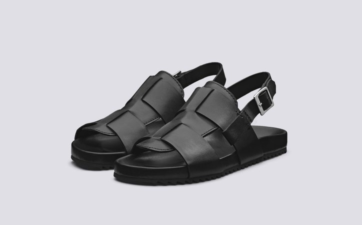 Wiley | Mens Sliders with Ankle Straps in Black Calf Leather | Grenson Shoes